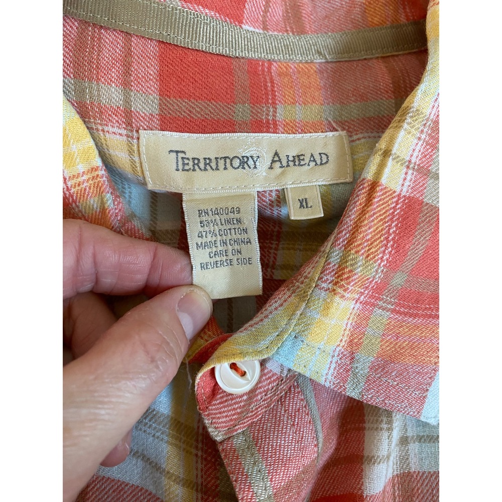 Territory Ahead Men Plaid Button Down Shirt Long‎ Sleeve Cotton Linen Blend XL - Picture 3 of 4